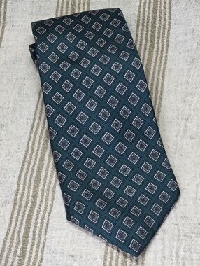 Vintage Silk Henri Christian Teal Green Geometric Tie Wedding Formal Prom Summer